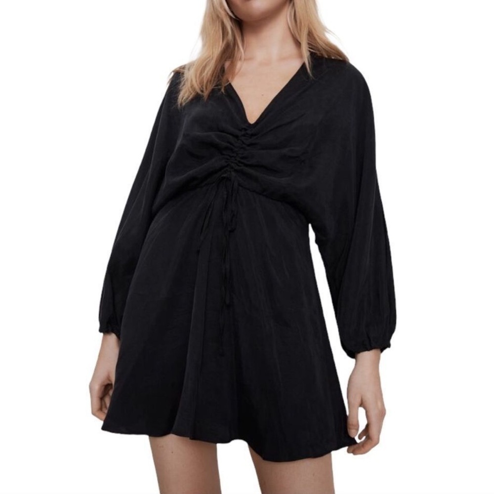 ZARA Black Solid V-Neck and Ruched Draped Front Mini Dress  S - Picture 2 of 5